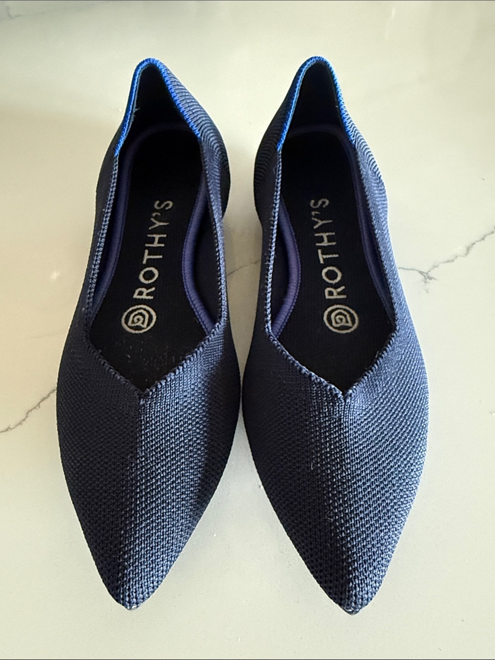 Rothys The Point Ballet Flats Navy Blue Pointed Toe Recycled Knit Size 5.5